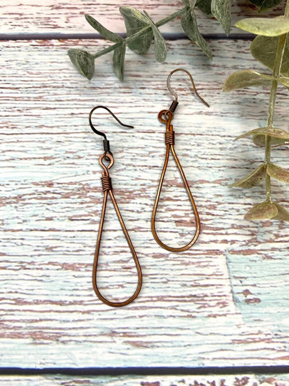 Wire Wrapped Red Copper Teardrop Hoop Earrings