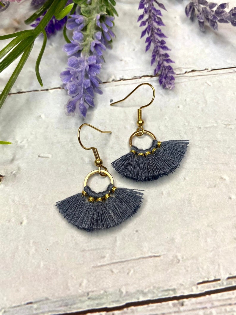 Blue Fan Shaped Cotton Tassel Earrings