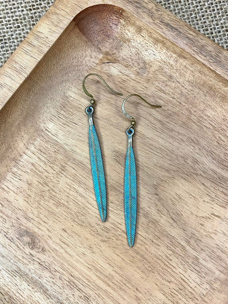 Patina Feather Pendant Earrings