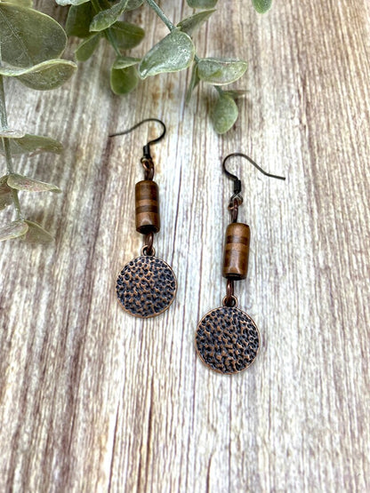 Red Copper Bar and Hammered Charm Earrings