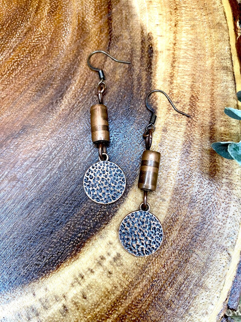 Red Copper Bar and Hammered Charm Earrings