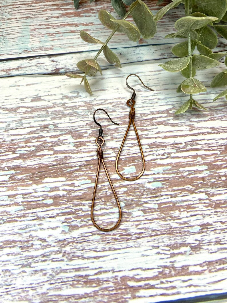 Wire Wrapped Red Copper Teardrop Hoop Earrings