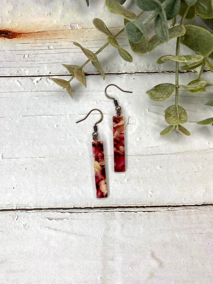 Red and Pink Tortoiseshell Acetate Rectangle Bar Earrings