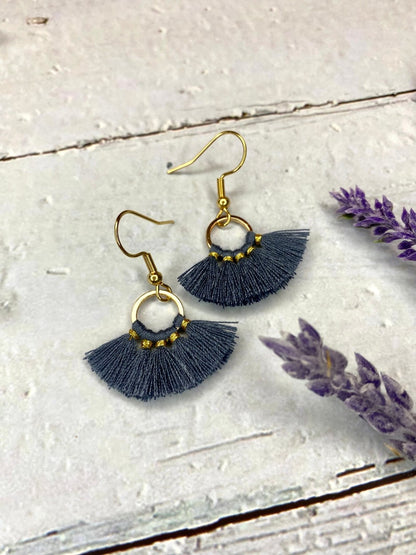 Blue Fan Shaped Cotton Tassel Earrings