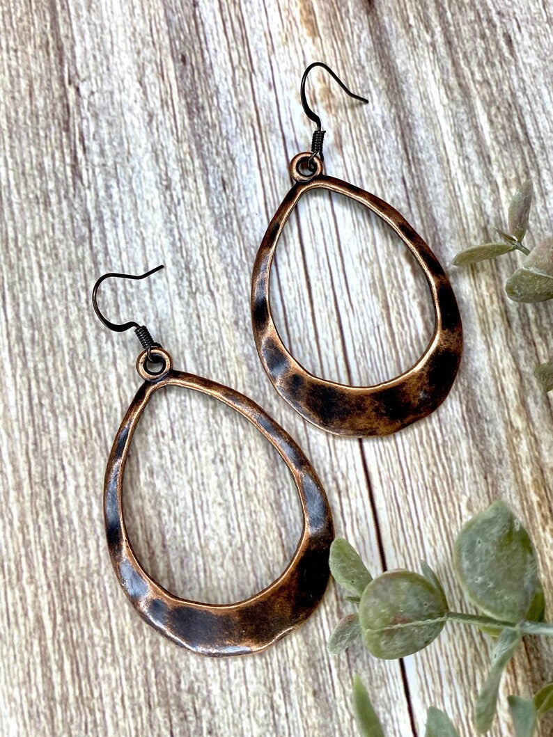 Hammered Red Copper Teardrop Hoop Earrings