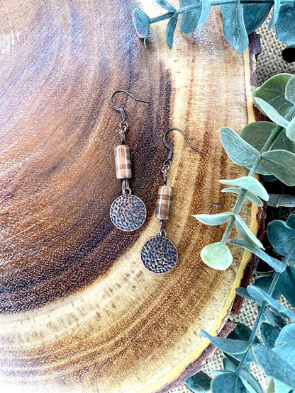 Red Copper Bar and Hammered Charm Earrings