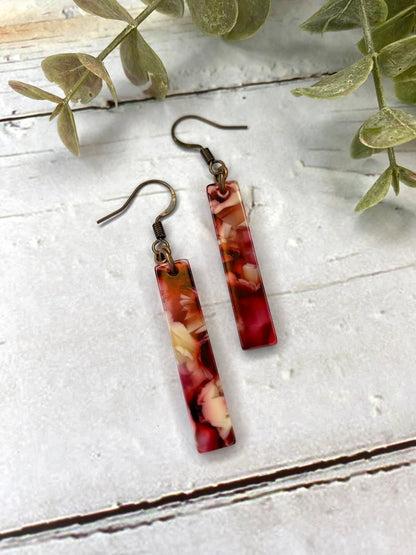 Red and Pink Tortoiseshell Acetate Rectangle Bar Earrings