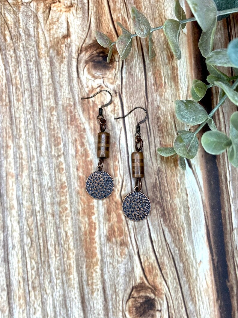 Red Copper Bar and Hammered Charm Earrings