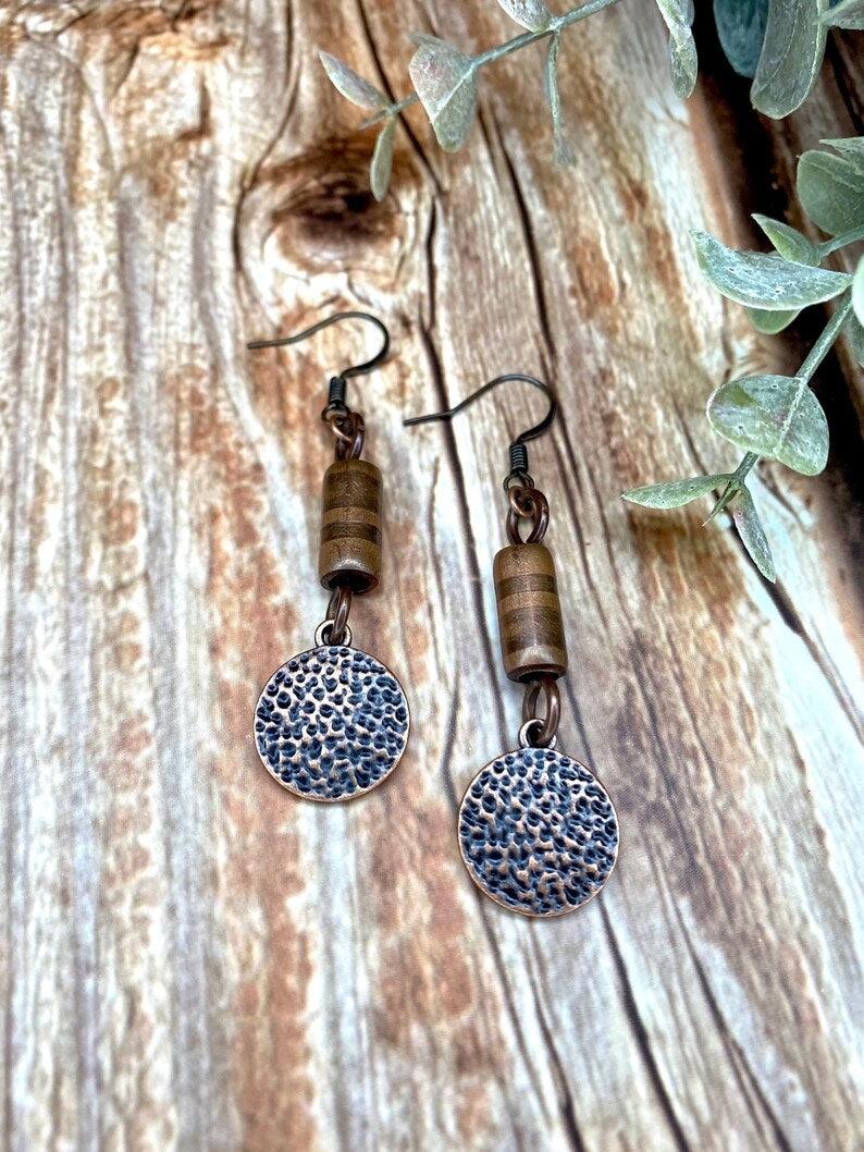 Red Copper Bar and Hammered Charm Earrings