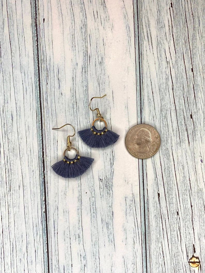 Blue Fan Shaped Cotton Tassel Earrings