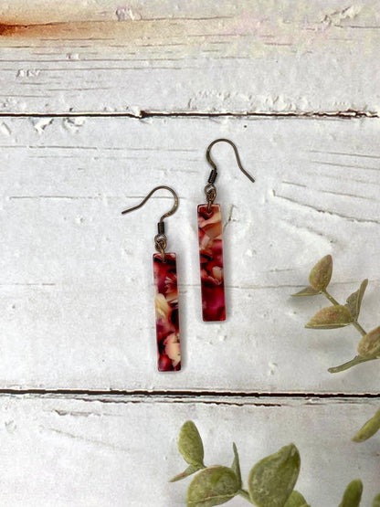 Red and Pink Tortoiseshell Acetate Rectangle Bar Earrings