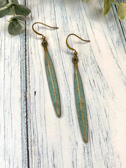 Patina Feather Pendant Earrings