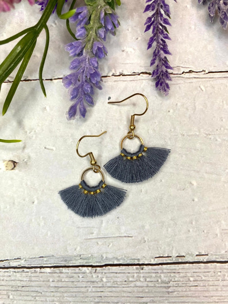 Blue Fan Shaped Cotton Tassel Earrings