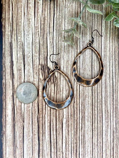 Hammered Red Copper Teardrop Hoop Earrings