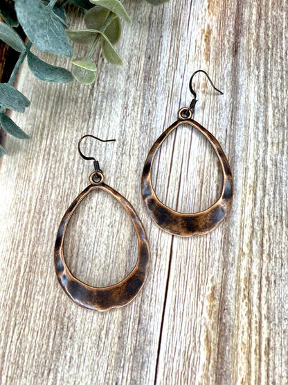 Hammered Red Copper Teardrop Hoop Earrings