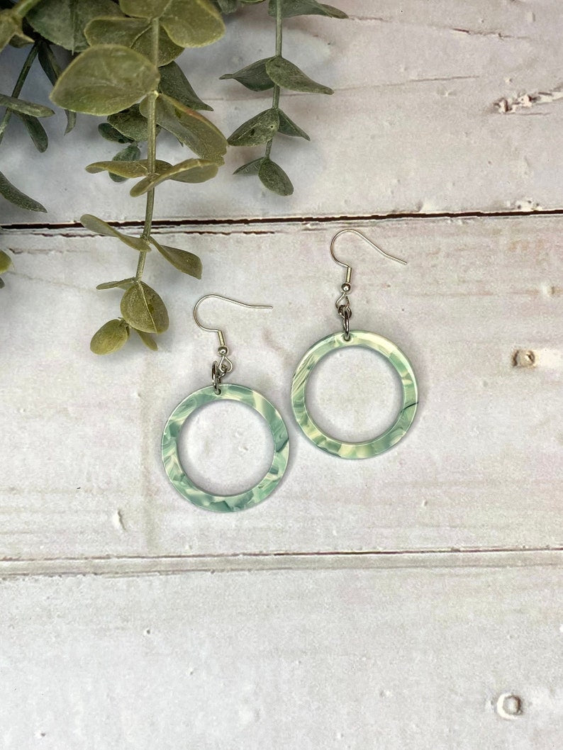 Blue and White Tortoiseshell Acetate Open Circle Earrings