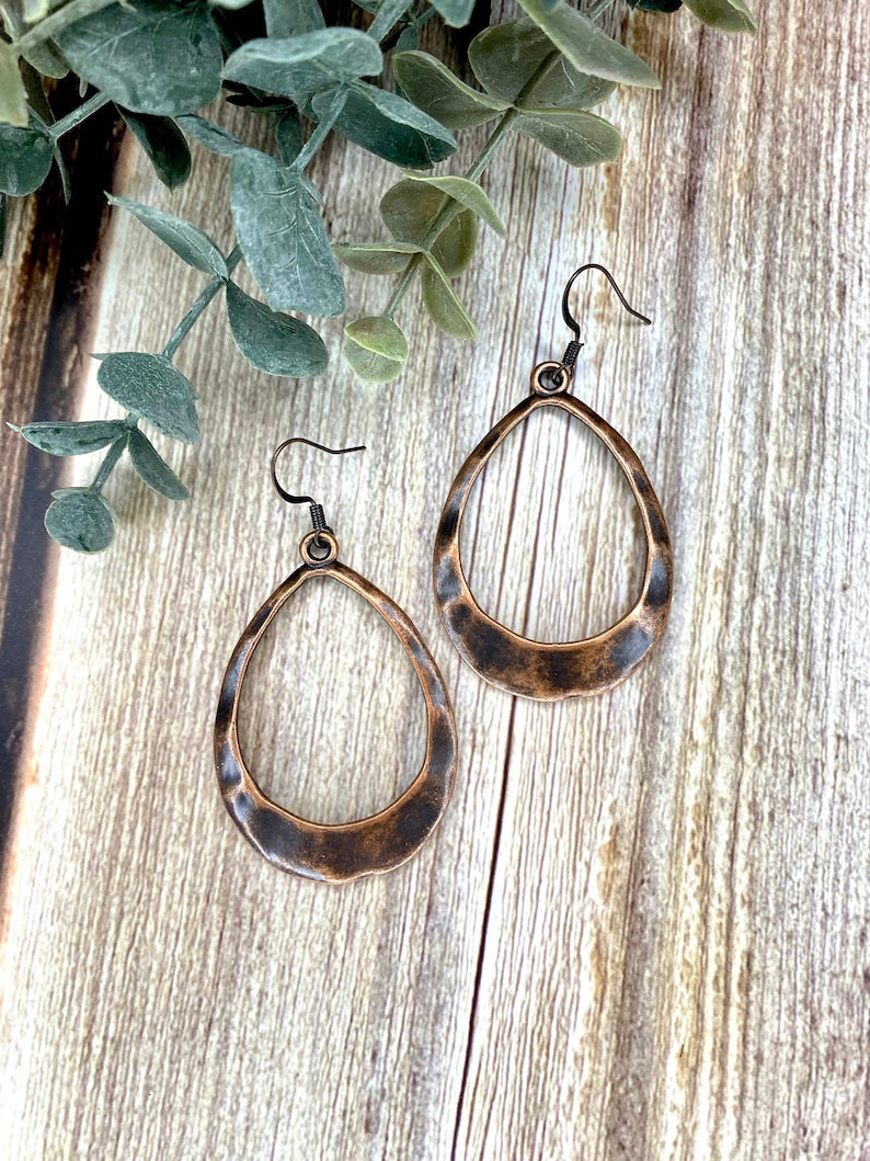 Hammered Red Copper Teardrop Hoop Earrings