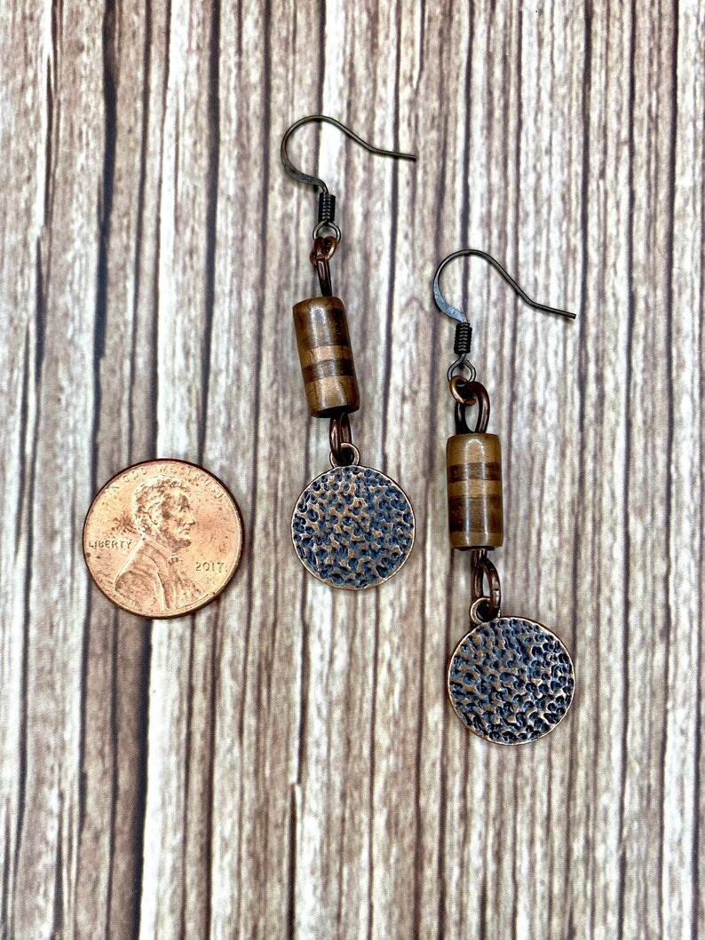 Red Copper Bar and Hammered Charm Earrings