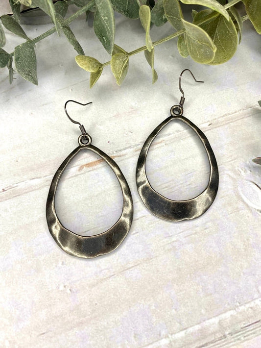 Hammered Gunmetal Teardrop Hoop Earrings