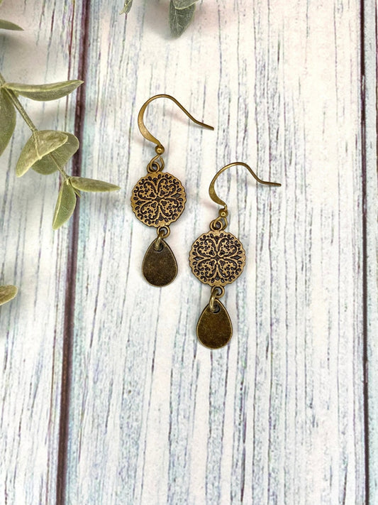 Antique Bronze Tribal and Teardrop Charm Earrings