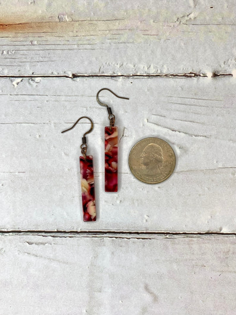 Red and Pink Tortoiseshell Acetate Rectangle Bar Earrings