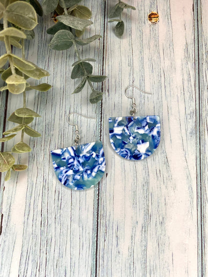 Blue Tortoiseshell Acetate Half Circle Earrings