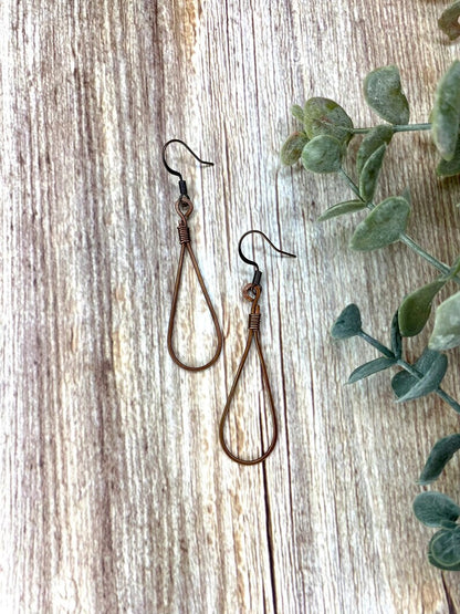 Wire Wrapped Red Copper Teardrop Hoop Earrings