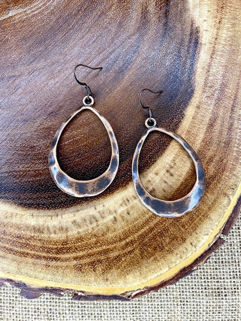 Hammered Red Copper Teardrop Hoop Earrings