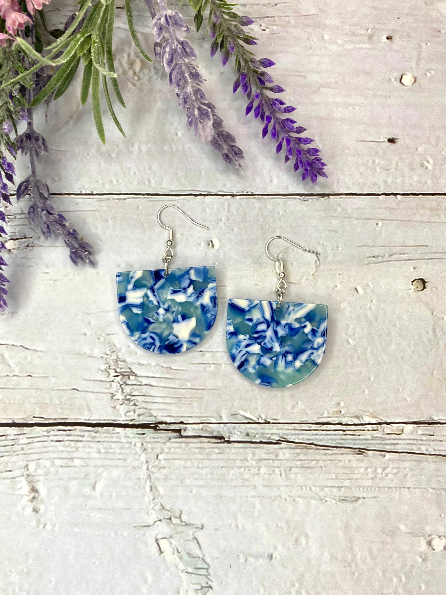 Blue Tortoiseshell Acetate Half Circle Earrings