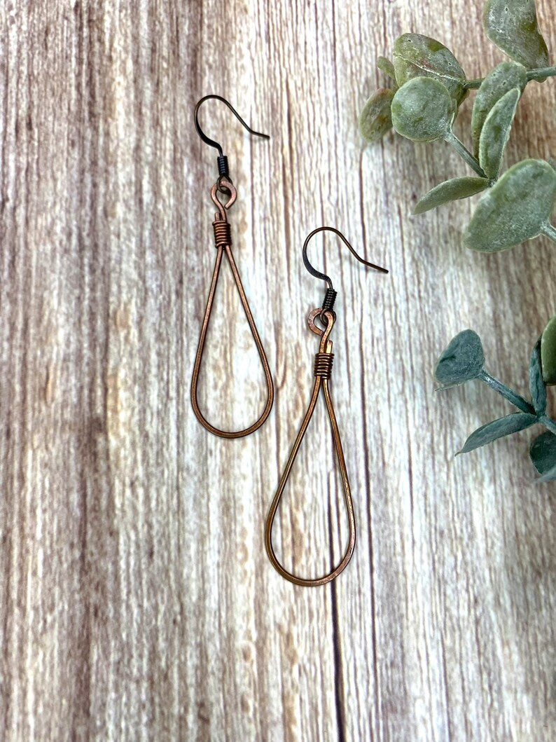 Wire Wrapped Red Copper Teardrop Hoop Earrings