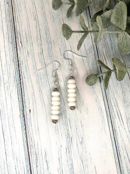 White Glass and Antique Silver Bead Earrings