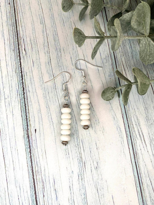 White Glass and Antique Silver Bead Earrings