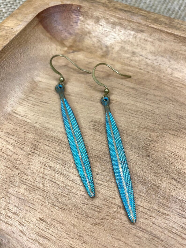 Patina Feather Pendant Earrings