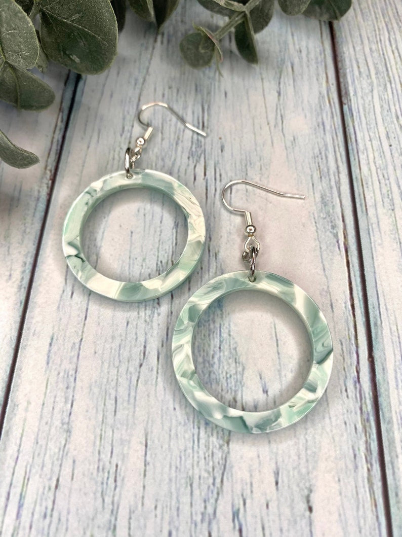 Blue and White Tortoiseshell Acetate Open Circle Earrings