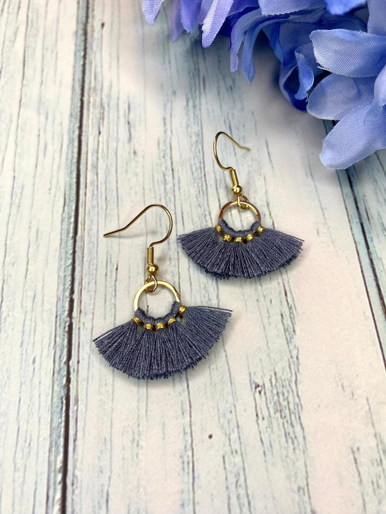 Blue Fan Shaped Cotton Tassel Earrings