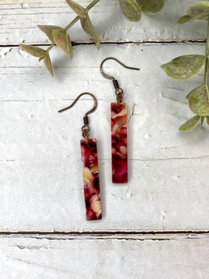 Red and Pink Tortoiseshell Acetate Rectangle Bar Earrings