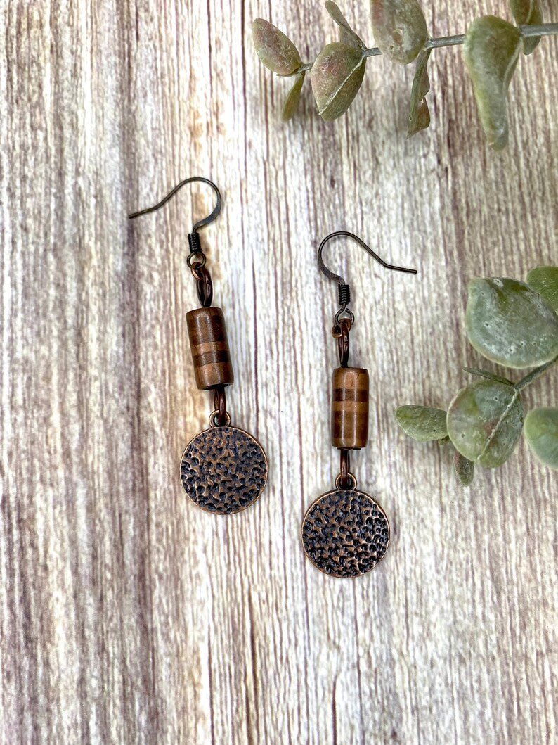 Red Copper Bar and Hammered Charm Earrings