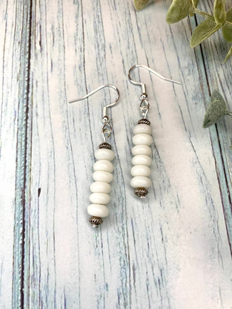 White Glass and Antique Silver Bead Earrings